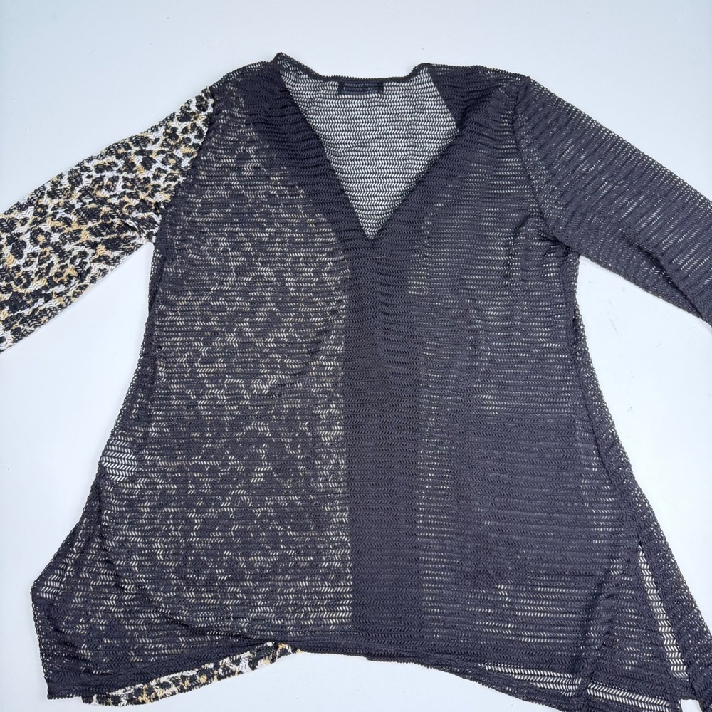 Women Leopard Print Sheer Lightweight Mesh Cardigan Black Pockets Large - Picture 9 of 14